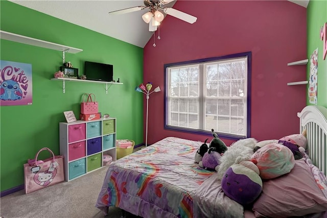 bedroom with carpet floors, ceiling fan, and lofted ceiling