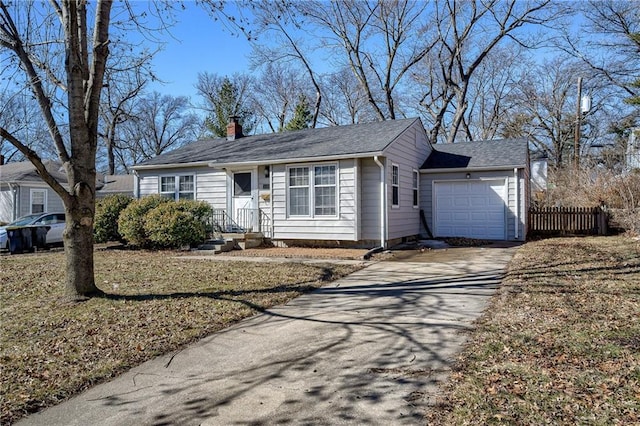 single story home featuring a garage, a chimney, fence, and driveway