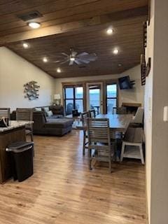 dining space featuring visible vents, a ceiling fan, wooden ceiling, light wood-type flooring, and recessed lighting