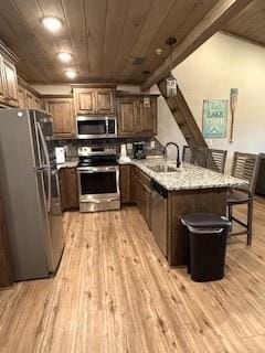 kitchen with stainless steel appliances, a sink, wood ceiling, and light wood-style floors