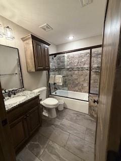 full bath with toilet, vanity, bathtub / shower combination, and visible vents