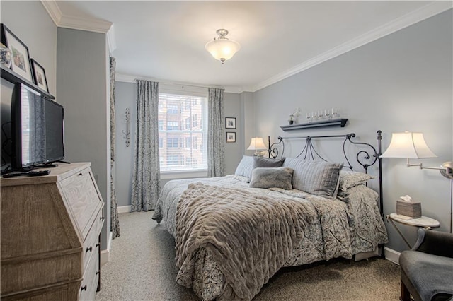 bedroom with light carpet, baseboards, and ornamental molding