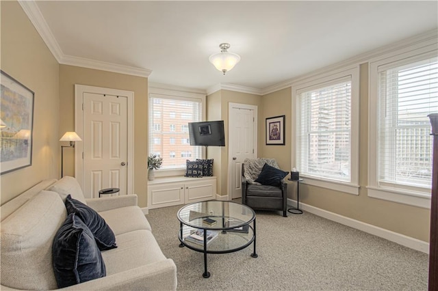 carpeted living area featuring baseboards, ornamental molding, and a healthy amount of sunlight