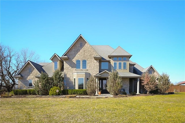 french country home with a front lawn and fence