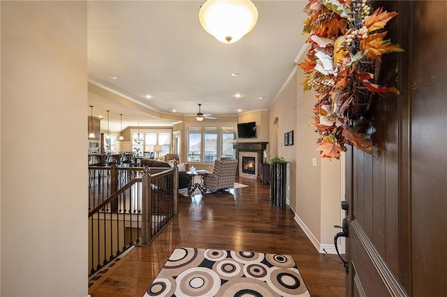 entrance foyer featuring ornamental molding, dark wood-type flooring, a glass covered fireplace, and baseboards