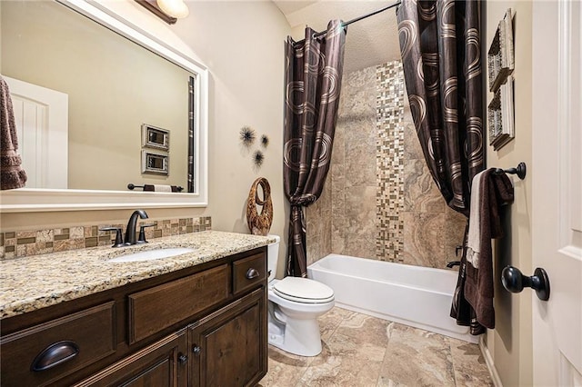 full bath featuring shower / bath combo, vanity, and toilet