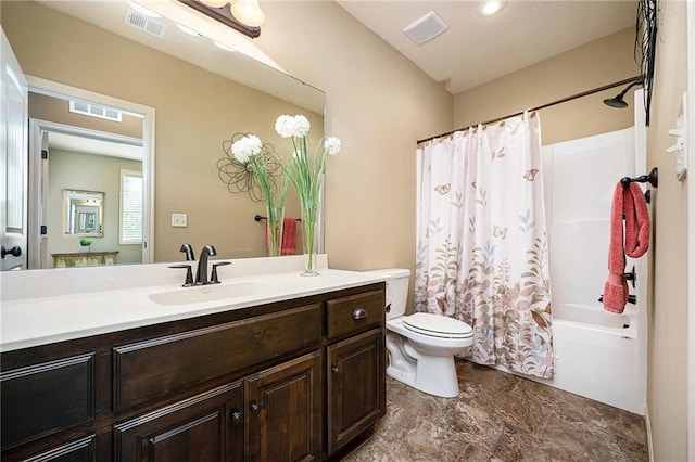 full bath featuring toilet, vanity, visible vents, and shower / tub combo with curtain