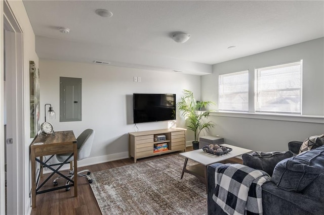 living room featuring electric panel, dark wood-style floors, and baseboards