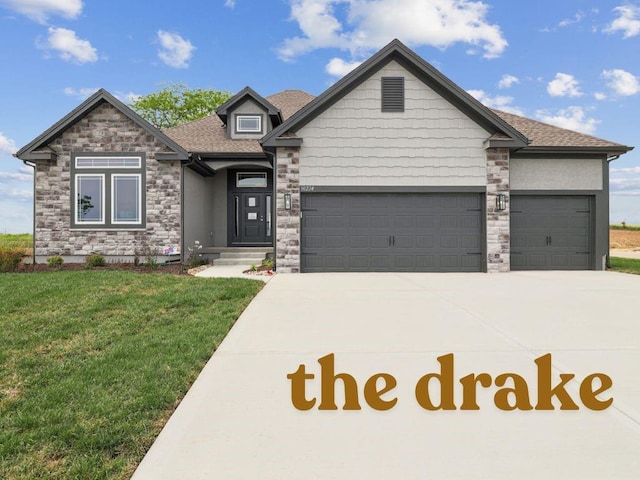 view of front of house featuring stone siding, a front lawn, an attached garage, a shingled roof, and driveway