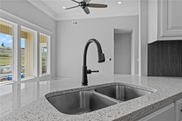 details featuring light stone counters, crown molding, visible vents, white cabinetry, and a sink