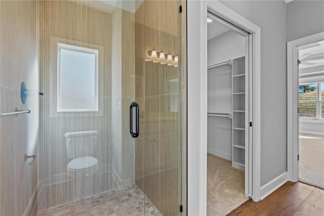 full bathroom with wood finished floors, a shower stall, baseboards, and a spacious closet