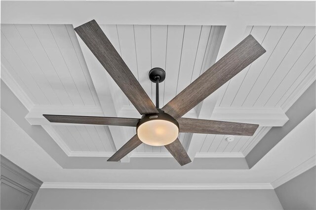 2409 Merlot Pl, Excelsior Springs, MO 64024 - detailed view of ornamental molding, ceiling fan, and beam ceiling