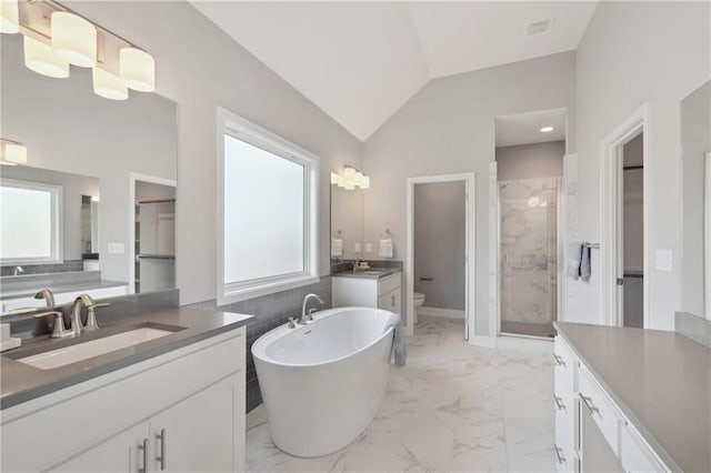 bathroom with marble finish floor, toilet, a stall shower, and a sink