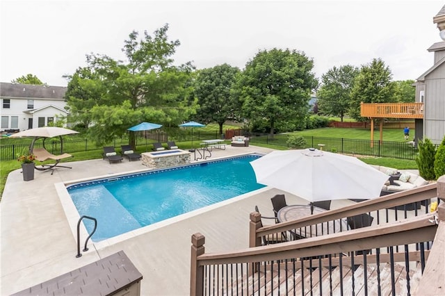 view of swimming pool featuring a fenced in pool, a lawn, a patio, a fenced backyard, and outdoor dining area