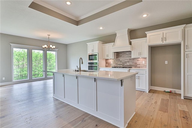 kitchen featuring appliances with stainless steel finishes, premium range hood, white cabinets, a raised ceiling, and a sink