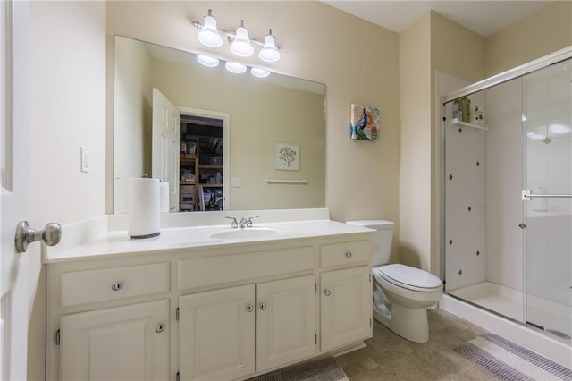 full bathroom with vanity, toilet, and a stall shower