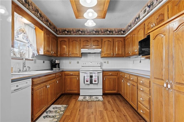 kitchen featuring brown cabinetry, white appliances, a sink, and under cabinet range hood