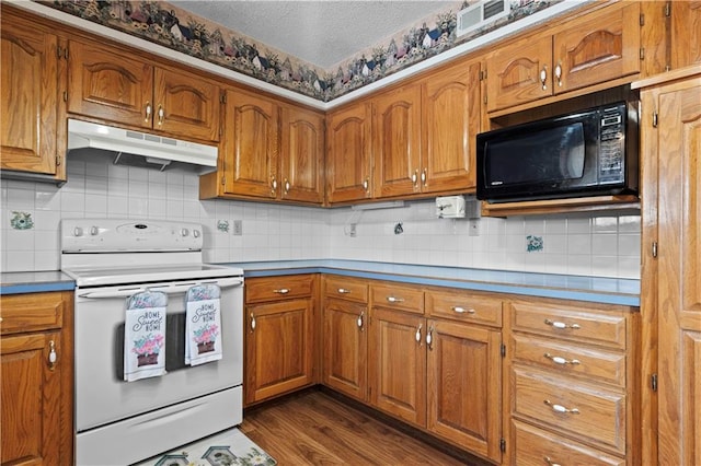 kitchen featuring light countertops, white range with electric stovetop, brown cabinets, and under cabinet range hood