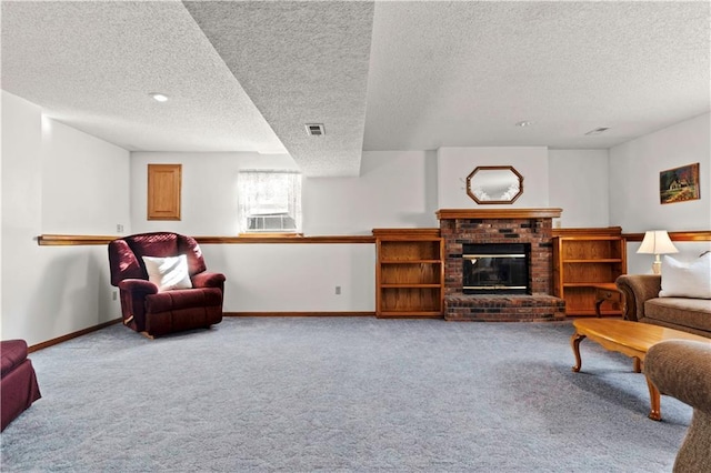 living room with carpet floors, a brick fireplace, visible vents, and baseboards