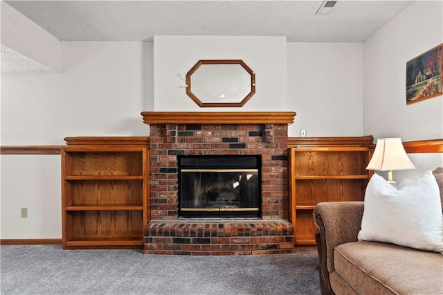 carpeted living room featuring a brick fireplace, visible vents, a textured ceiling, and baseboards