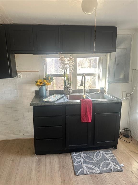 kitchen with light wood-style floors, dark cabinets, and a sink