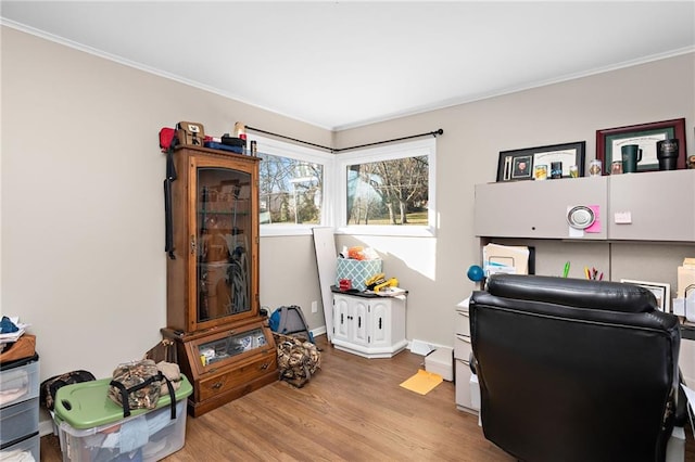 office space with light wood-type flooring, baseboards, and crown molding