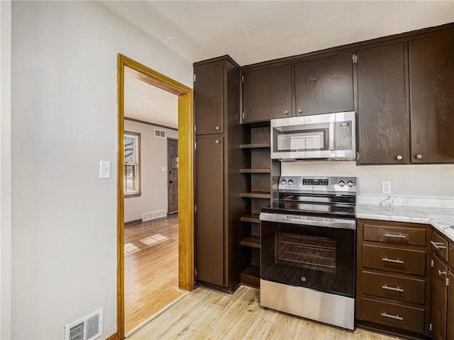 kitchen featuring dark brown cabinets, visible vents, light wood finished floors, and stainless steel appliances