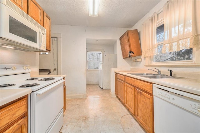 kitchen featuring white appliances, light countertops, a textured ceiling, light floors, and a sink