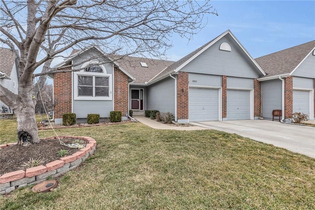 ranch-style house with a garage, concrete driveway, brick siding, and a front lawn