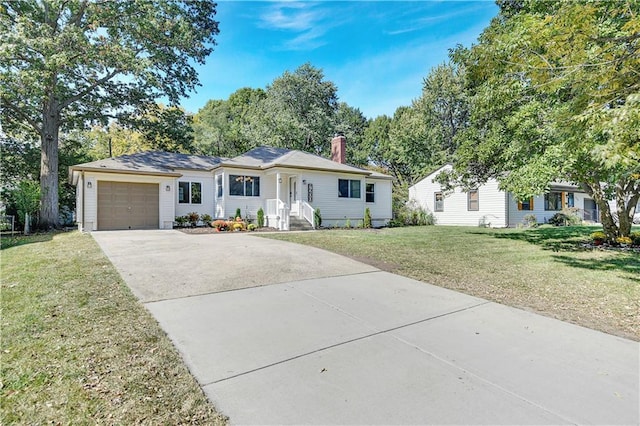 ranch-style house featuring a garage, driveway, a chimney, and a front lawn