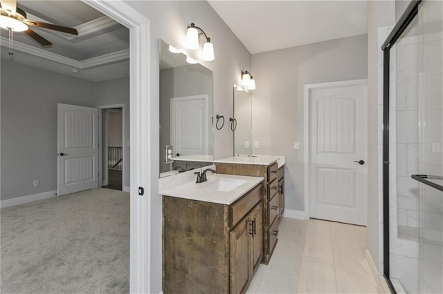 full bath featuring ceiling fan, vanity, baseboards, marble finish floor, and a shower stall