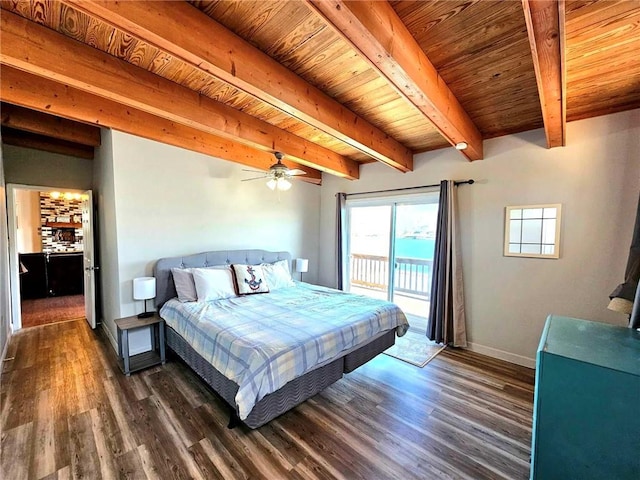 bedroom with wood ceiling, access to outside, beam ceiling, and dark wood-type flooring