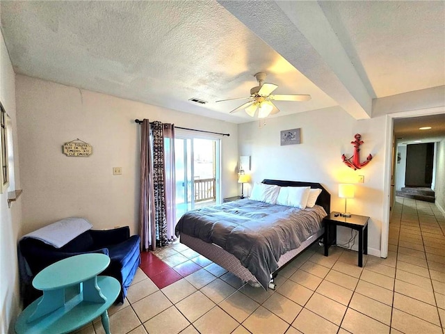 bedroom with light tile patterned floors, visible vents, a ceiling fan, access to outside, and a textured ceiling