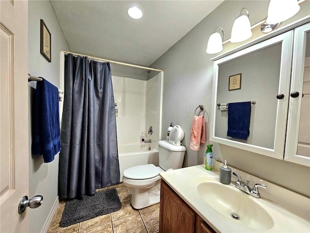 bathroom featuring shower / bath combination with curtain, vanity, toilet, and tile patterned floors