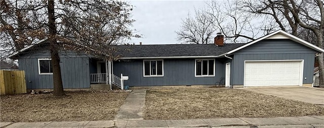 ranch-style home featuring concrete driveway, fence, a chimney, and an attached garage