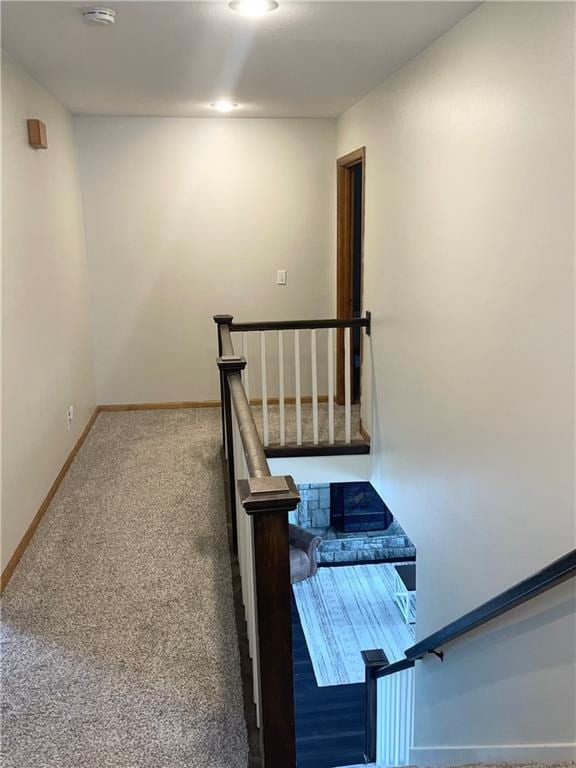 stairway featuring carpet flooring and baseboards