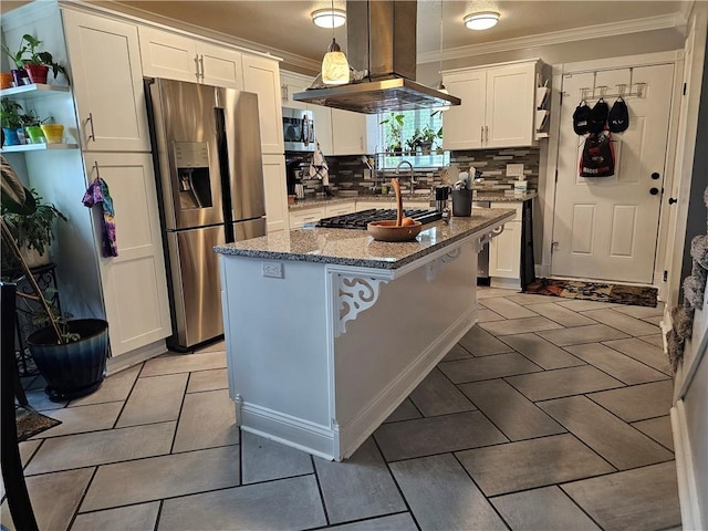 kitchen with stone countertops, island range hood, appliances with stainless steel finishes, white cabinetry, and open shelves