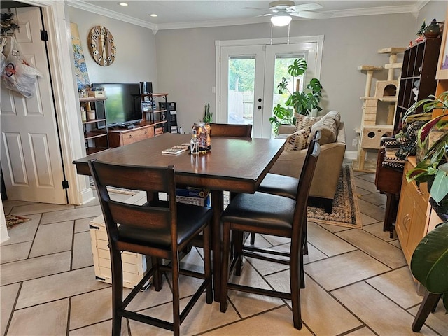 dining space featuring ceiling fan, light tile patterned flooring, recessed lighting, french doors, and crown molding