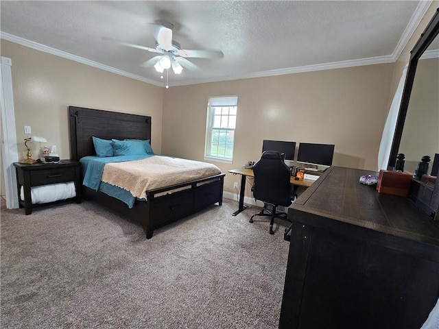 bedroom with a ceiling fan, light colored carpet, crown molding, and baseboards