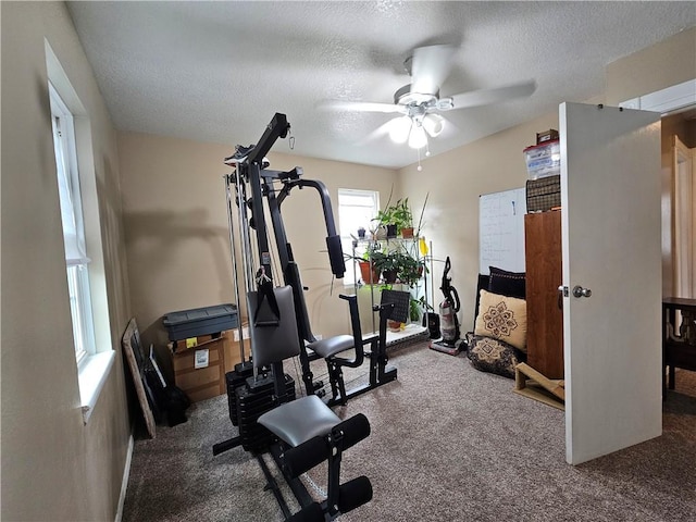 exercise area featuring a textured ceiling, ceiling fan, and carpet flooring