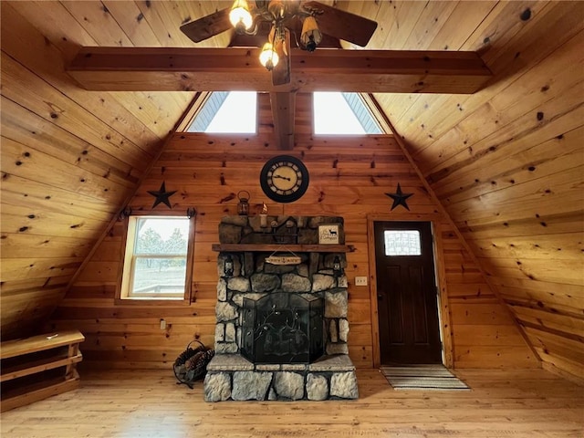 interior space with lofted ceiling, wooden ceiling, wood-type flooring, and wooden walls