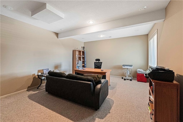 carpeted living room with beamed ceiling and baseboards