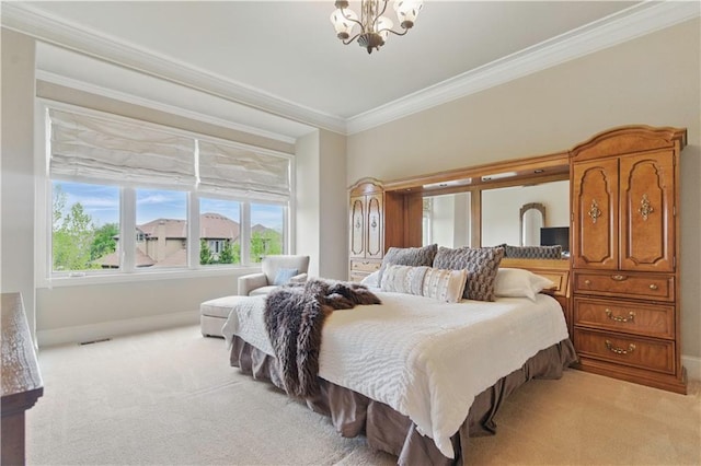 bedroom with crown molding, a notable chandelier, light colored carpet, baseboards, and visible vents