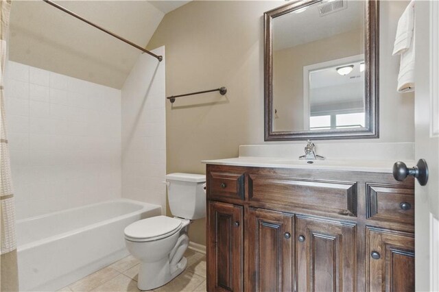 bathroom with visible vents, tile patterned flooring, vanity, toilet, and  shower combination