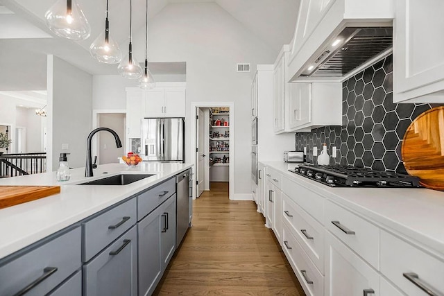 16649 S Tomashaw St, Olathe, KS 66062 - kitchen featuring a sink, stainless steel appliances, gray cabinets, visible vents, and custom range hood