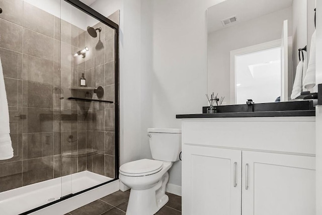 16649 S Tomashaw St, Olathe, KS 66062 - bathroom with toilet, tile patterned floors, visible vents, a shower stall, and vanity