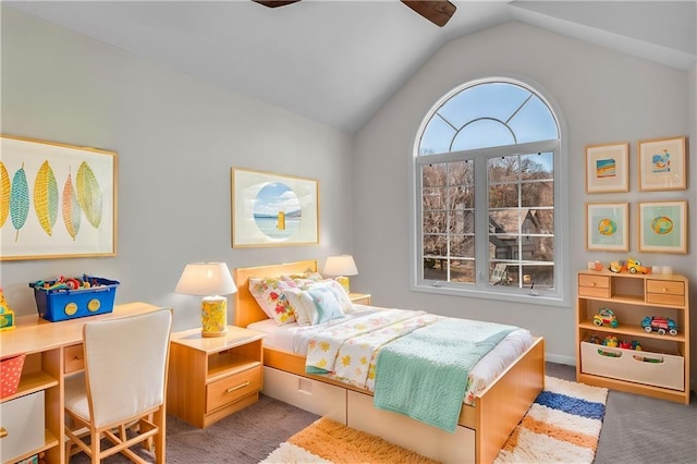 bedroom with carpet and vaulted ceiling