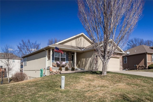 ranch-style home with driveway, a garage, stone siding, covered porch, and a front yard