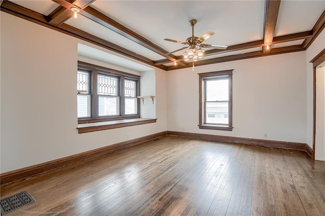 unfurnished room with baseboards, visible vents, and coffered ceiling