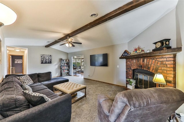 carpeted living room with baseboards, visible vents, lofted ceiling with beams, ceiling fan, and a brick fireplace